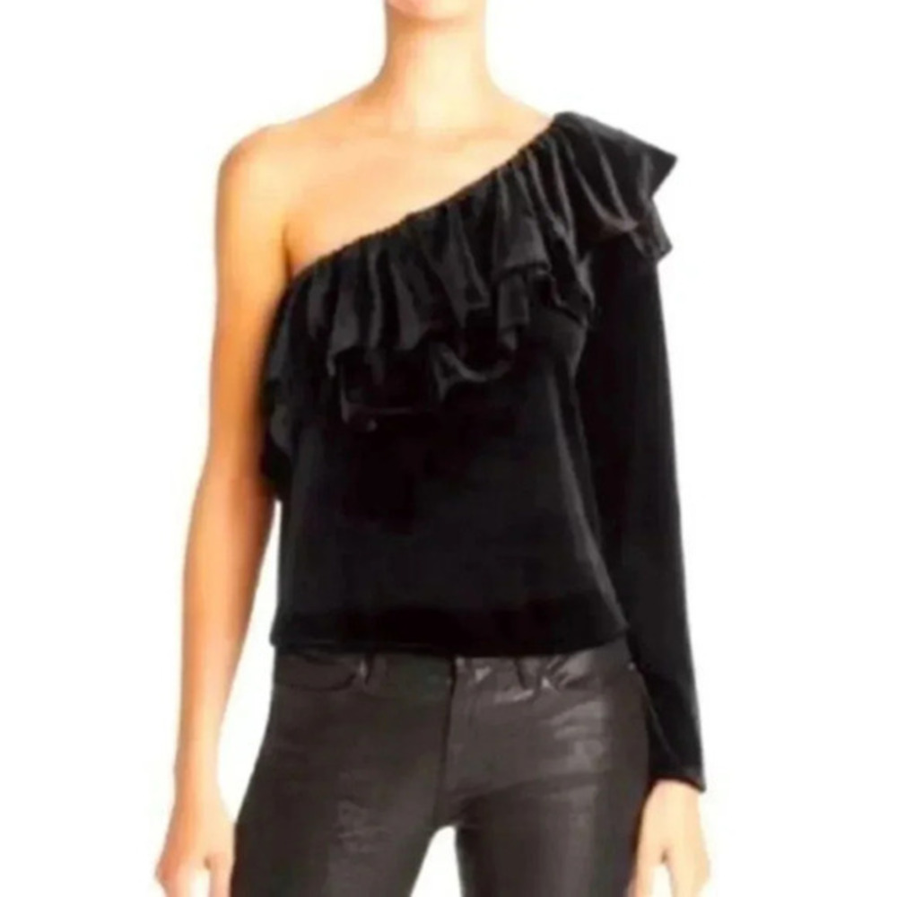 Misa Los Angeles Mielle Top velvety jet black cutout ruffle  one shoulder Xs NWT